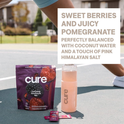 Cure Hydration | Plant-Based Electrolyte Drink Mix | No Added Sugar | FSA-HSA | Dehydration Relief Powder Made with Coconut Water | Non-GMO | Vegan | Pouch of 14 Packets - Berry Pomegranate
