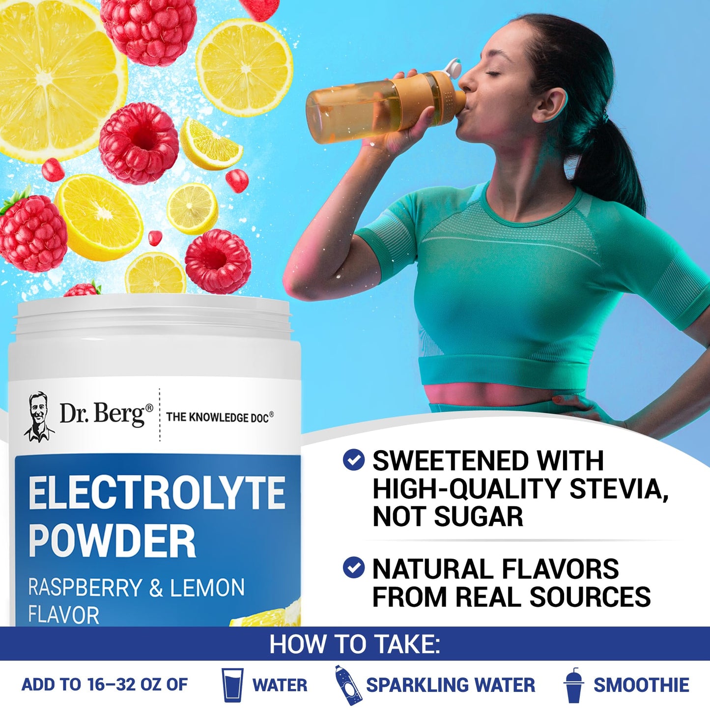 Dr. Berg Zero Sugar Hydration Keto Electrolyte Powder - Enhanced w/ 1000 mg of Potassium & Real Pink Himalayan Salt (NOT Table Salt) - Raspberry & Lemon Flavor Hydration Drink Supplement, 100 Servings