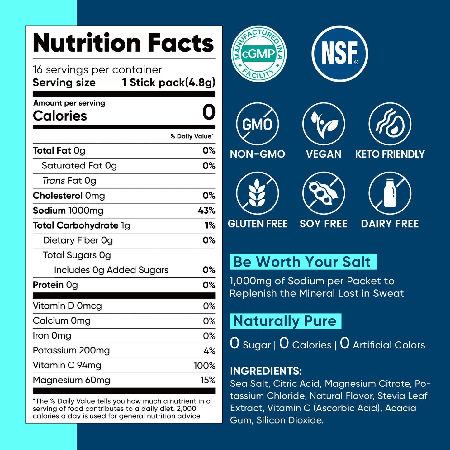 Venture Pal High Sodium Sugar-Free Electrolyte Powder Packets - Hydration Packets with Sodium, Potassium & Magnesium | Zero Calories | Vegan, Keto, and Paleo Friendly | 16 Sticks
