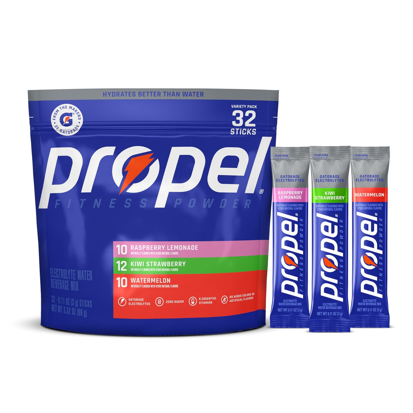 Propel Electrolyte Powder Drink Mix, 3 Flavor Variety Pack, (32 Servings), Zero Sugar, Enhanced Water Beverage, Gatorade Electrolytes, Vitamins, No Added Colors, No Artificial Flavors, Hydration